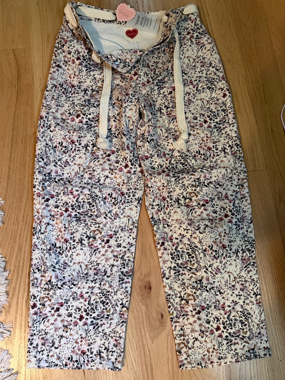 Women LovLov Floral Drawstring Pants - Cream with Pink & Brown Floral
